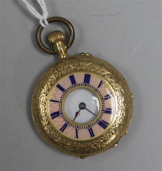 An engraved 18ct gold and guilloche enamel half hunter fob watch.